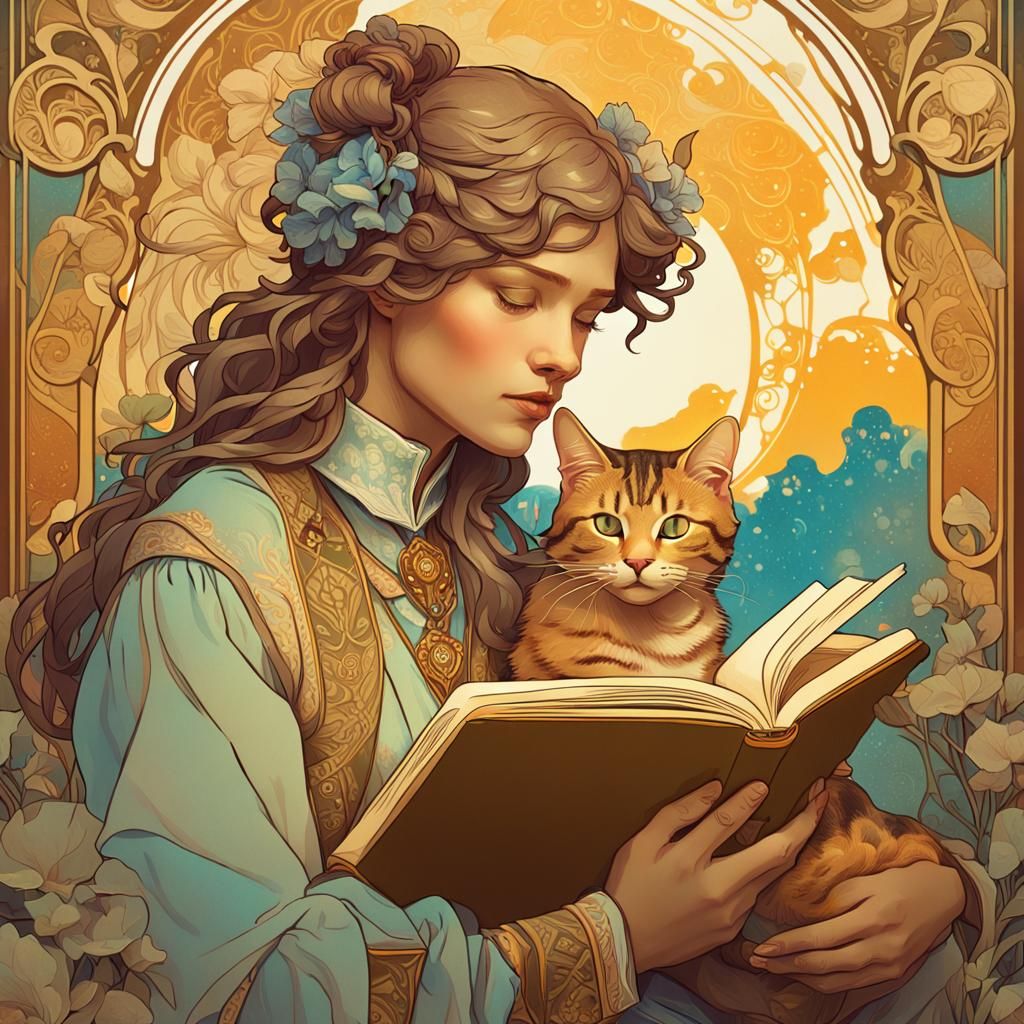 Art Nouveau Portrait: Person Reading with Cat