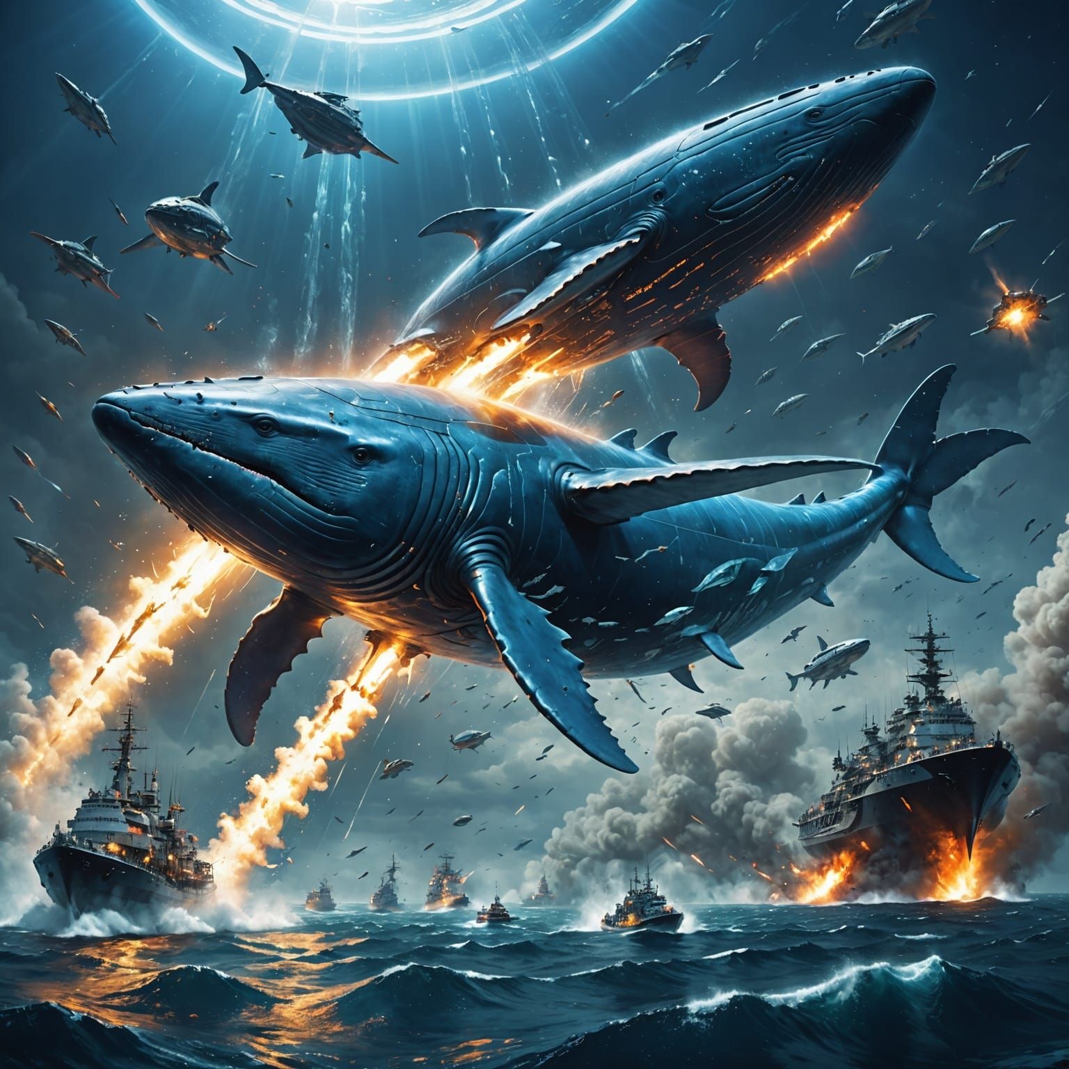 Majestic Blue Whale Starship Engages in Epic Space Battle