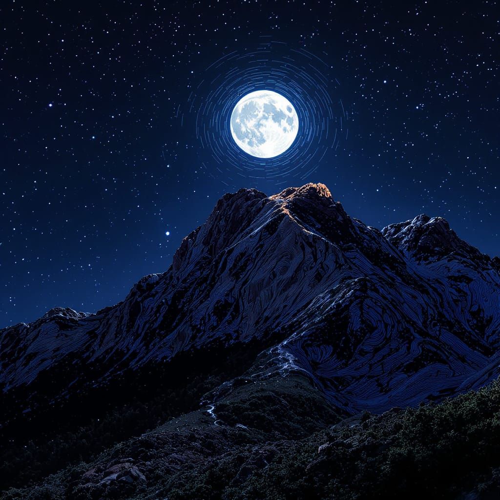 Mont Ventoux Under Moon: Kinetic Pointillist Van Gogh Style