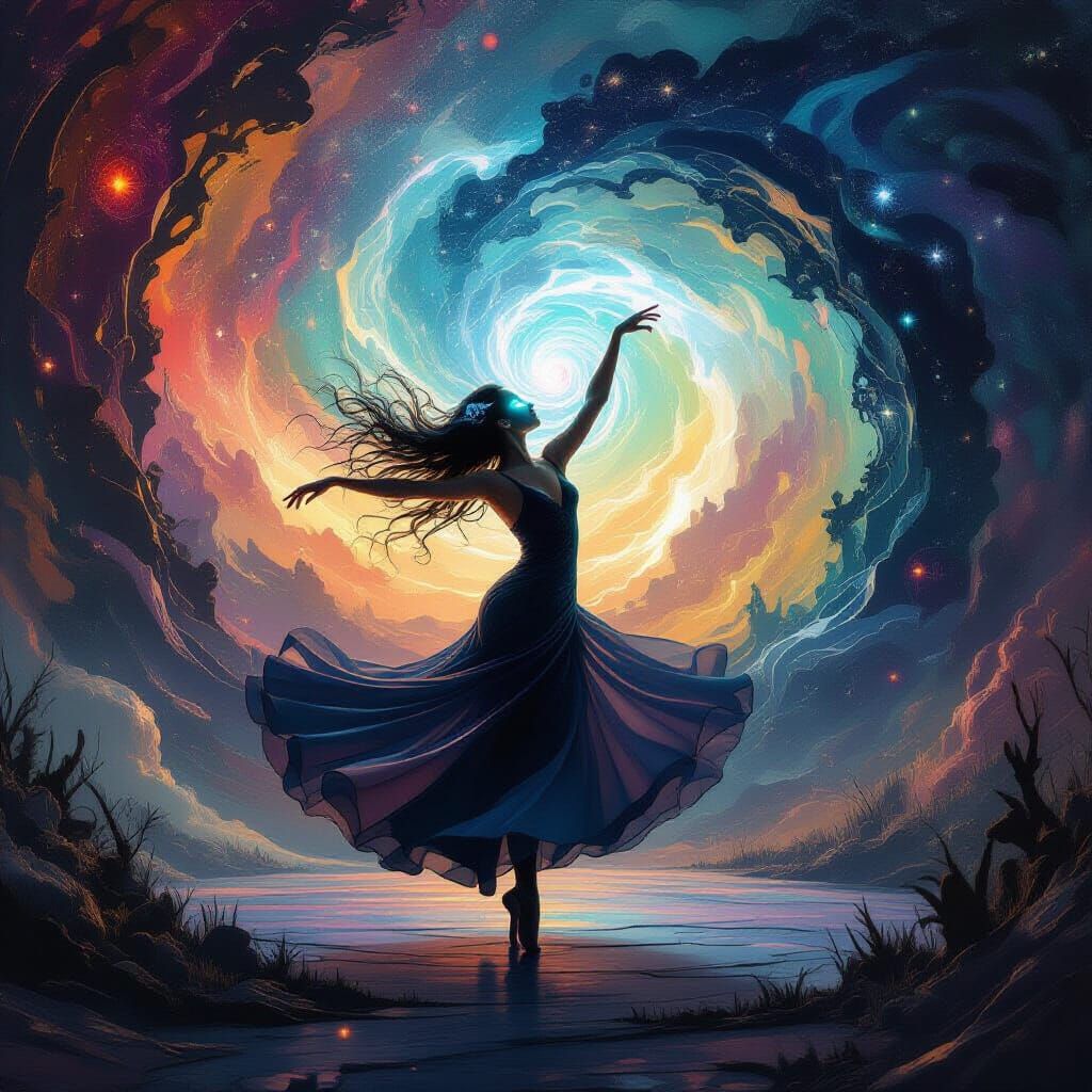 Surreal Cosmic Dancer in Abstract Vortex