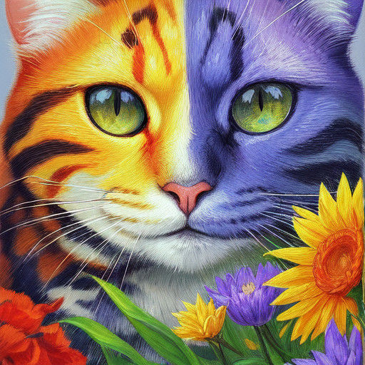 Vibrant Oil Painting of a Whimsical Cat in Flowers