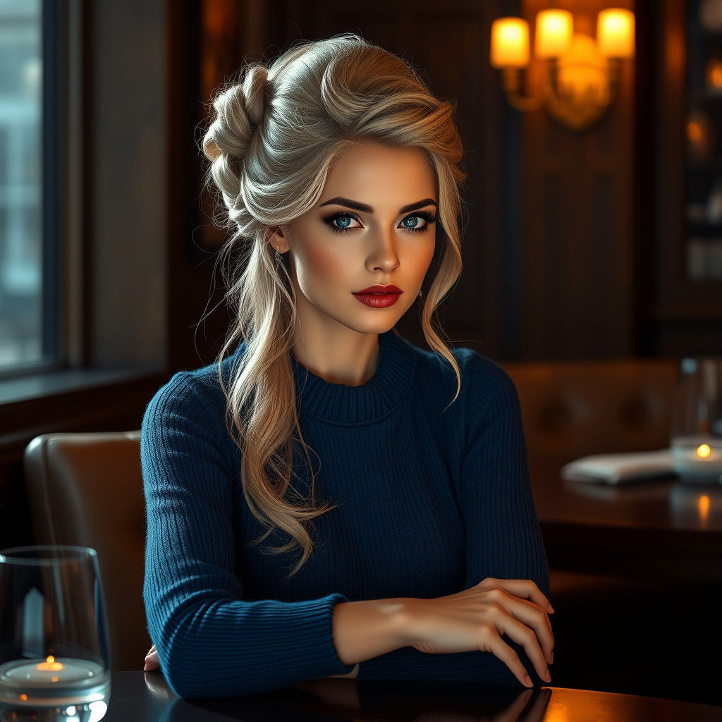 Elegant Woman in Blue Cashmere, Matte Painting Style