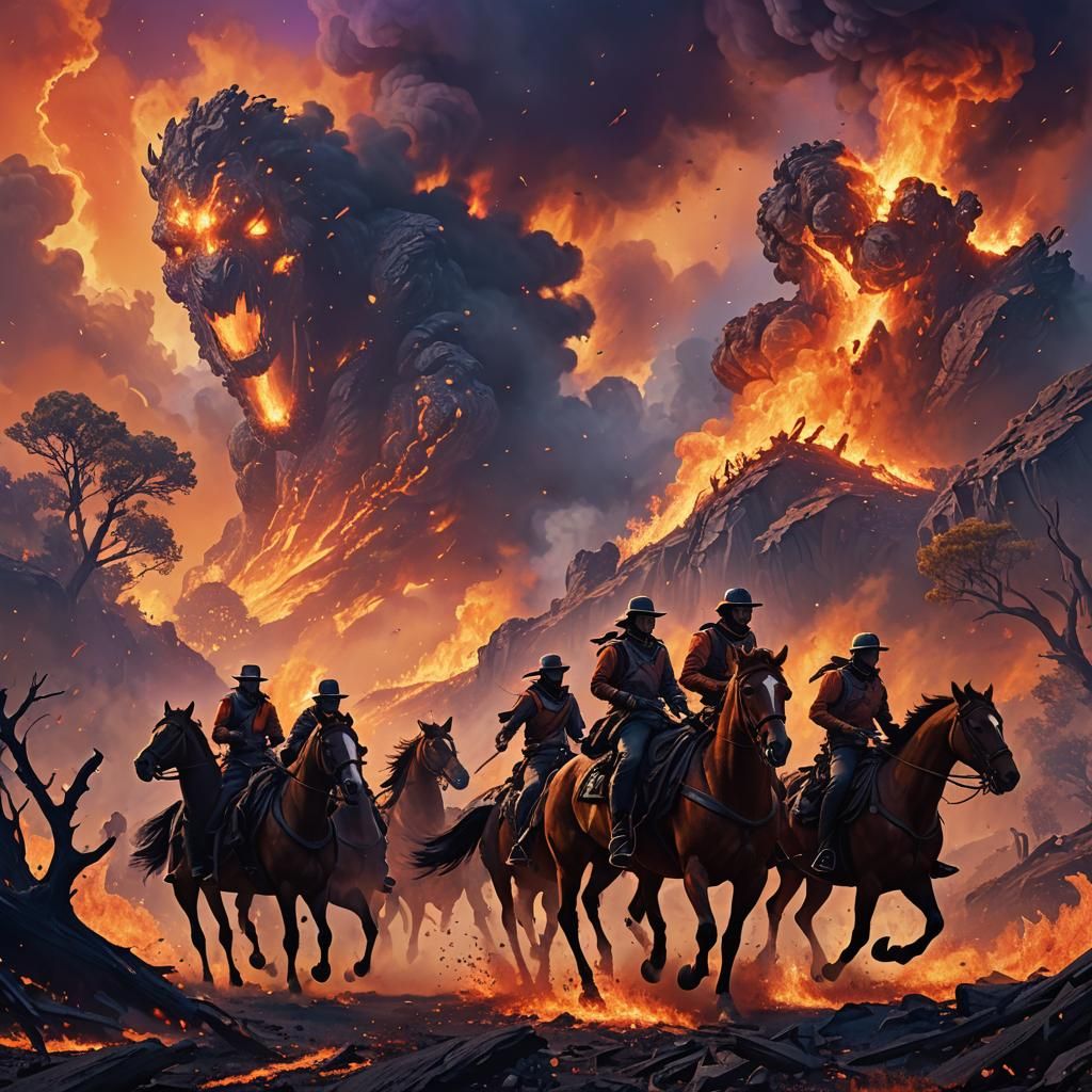 Horseback Riders Fleeing a Raging Firestorm