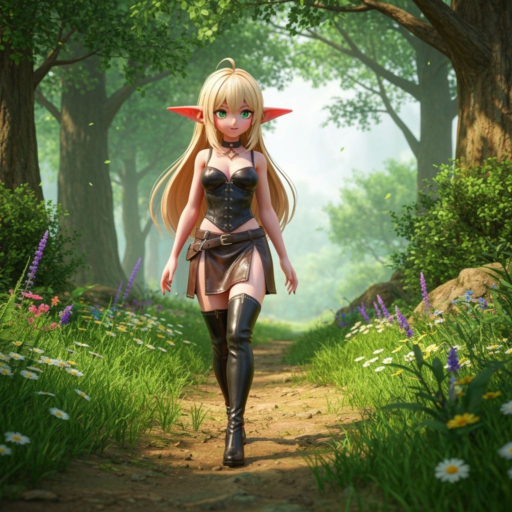 Blonde Goblin Girl in Lush Forest, 3D Anime Art