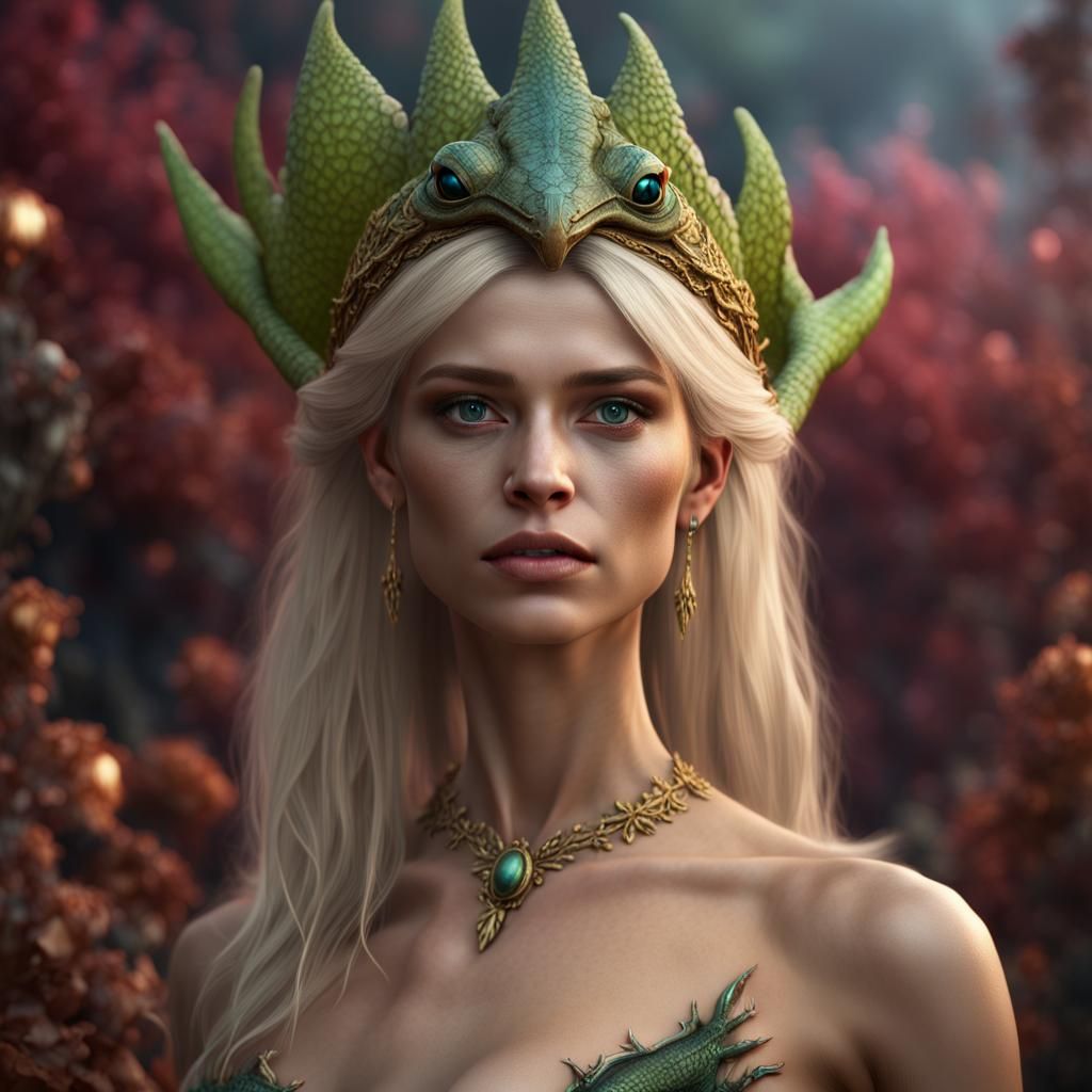Hyperrealistic Lizard Woman with Tiara, Detailed Art