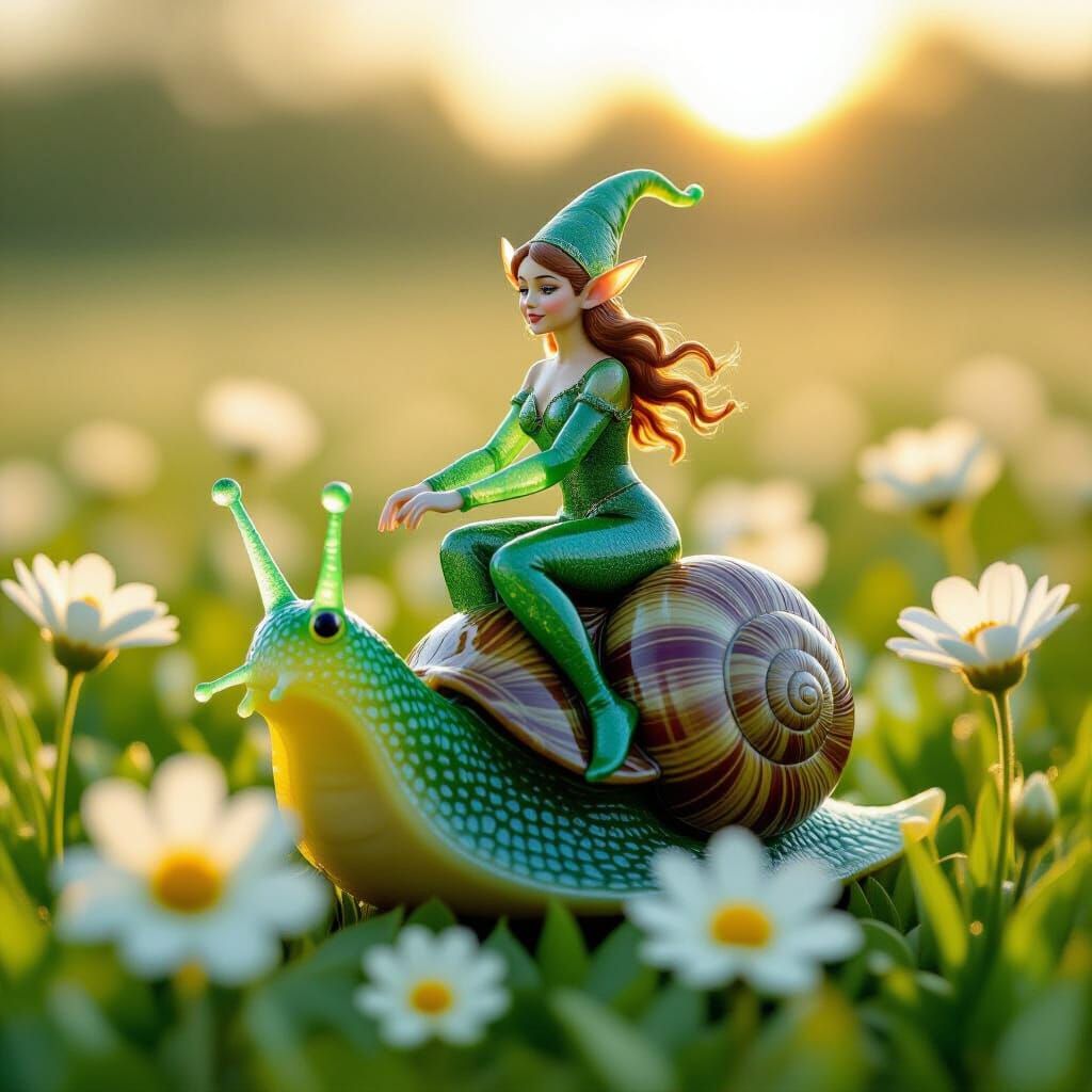 Elegant Elf Rides Giant Snail Through Dew-Kissed Flowers