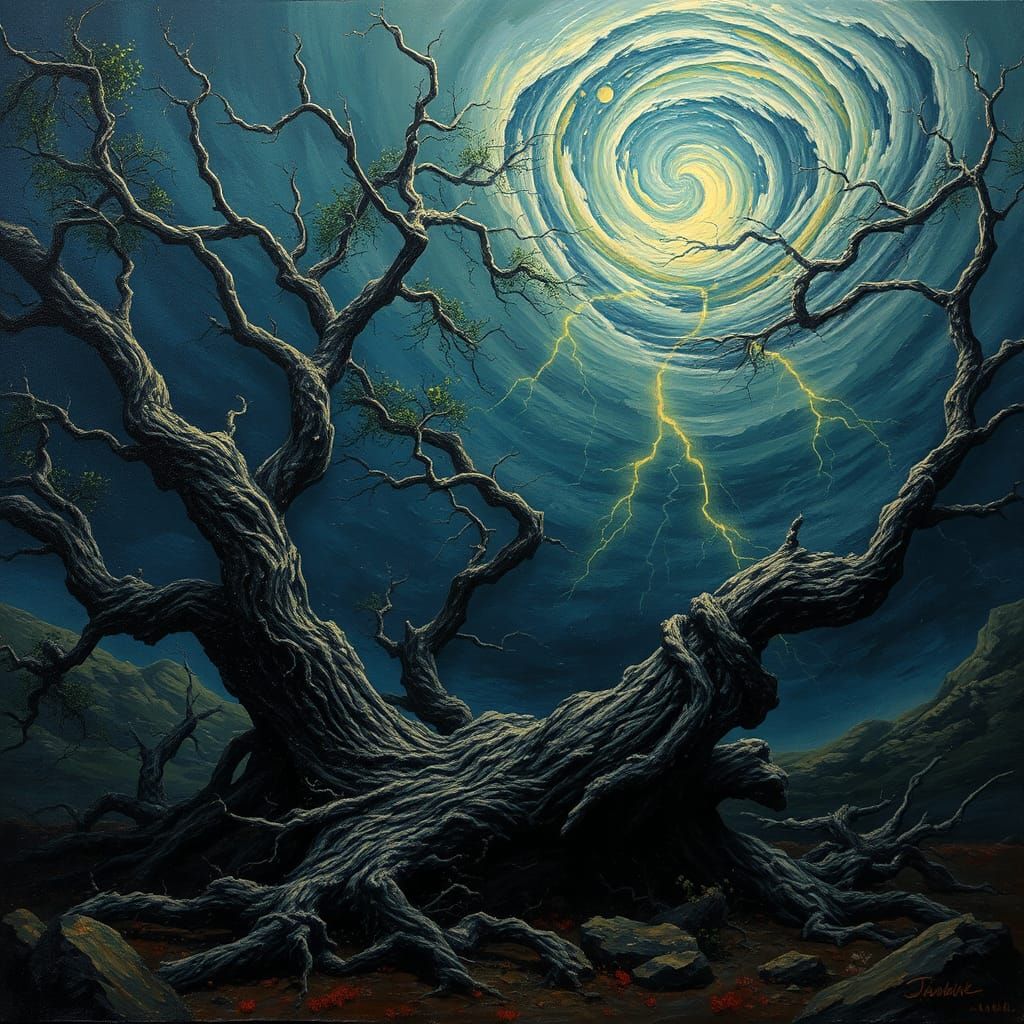 A turbulent rainy, storm-battered landscape with ancient, twisted trees, their gnarled trunks contorted at impossible an...