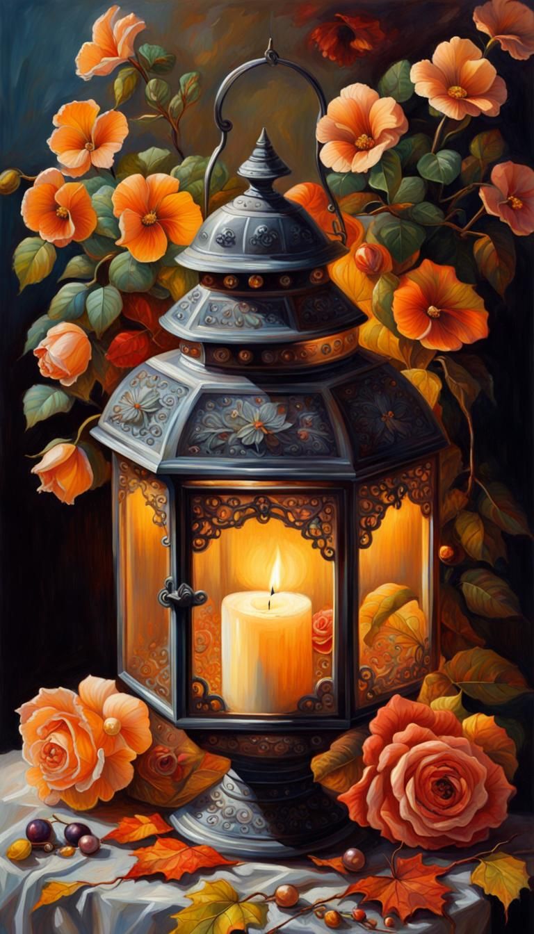 Lush Lanterns and Coffee: Hyperdetailed Oil Painting