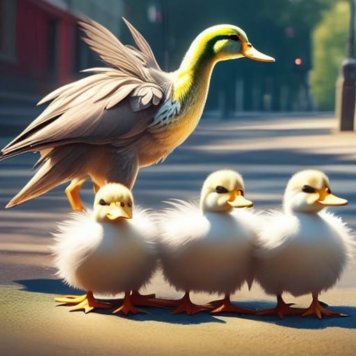 Mother Duck and Ducklings Waddle on Sidewalk, Photo Realisti...