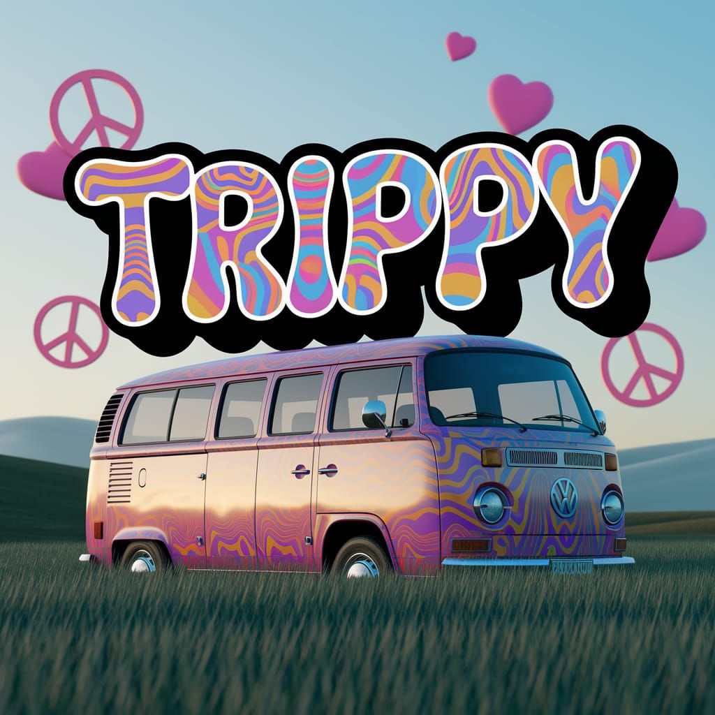 Psychedelic Logo in Hippie Font Over VW Bus in Green Field