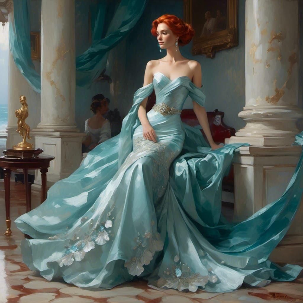 Radiant Woman with Crimson Hair and Seashells