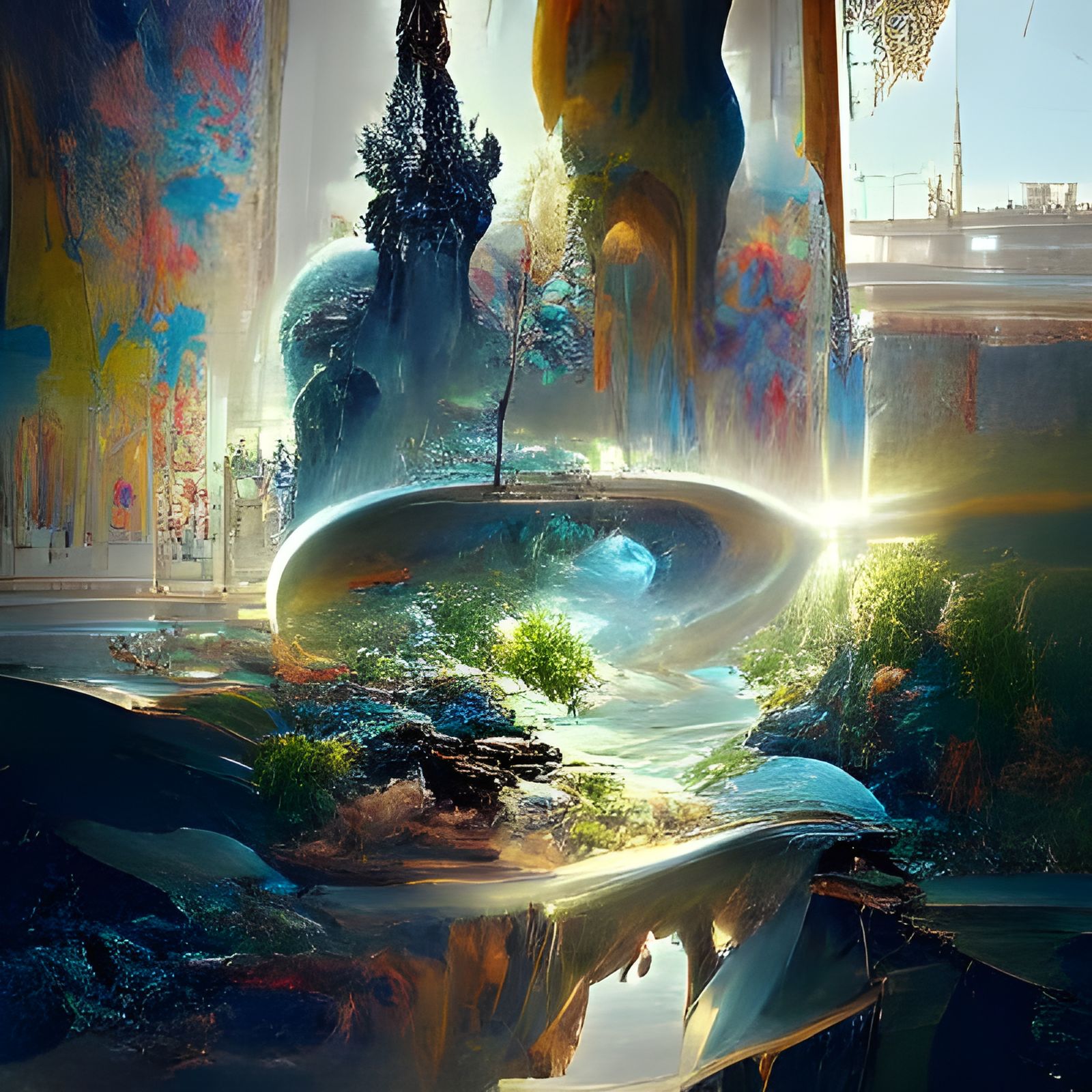 Luminous Waterfall in Solarpunk Ghibli Landscape