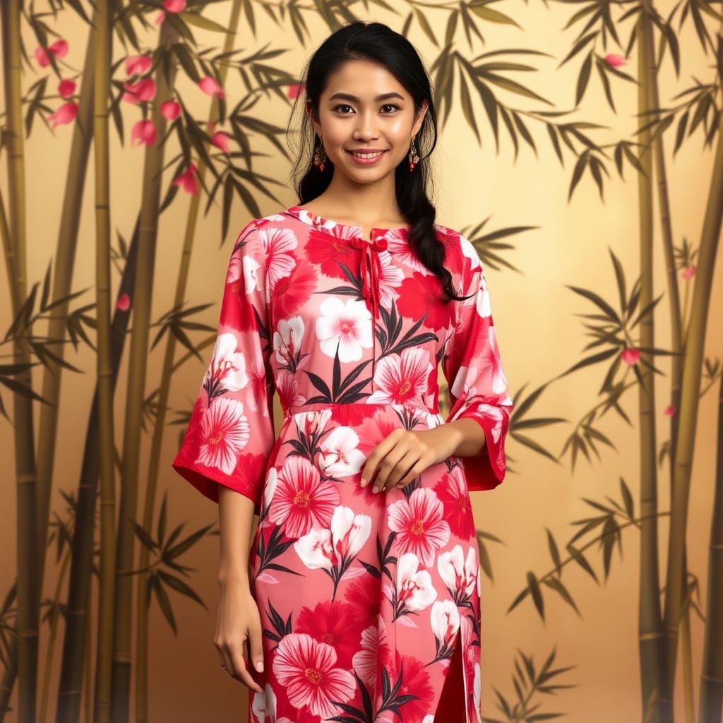 Polynesian Woman in Floral Print Dress