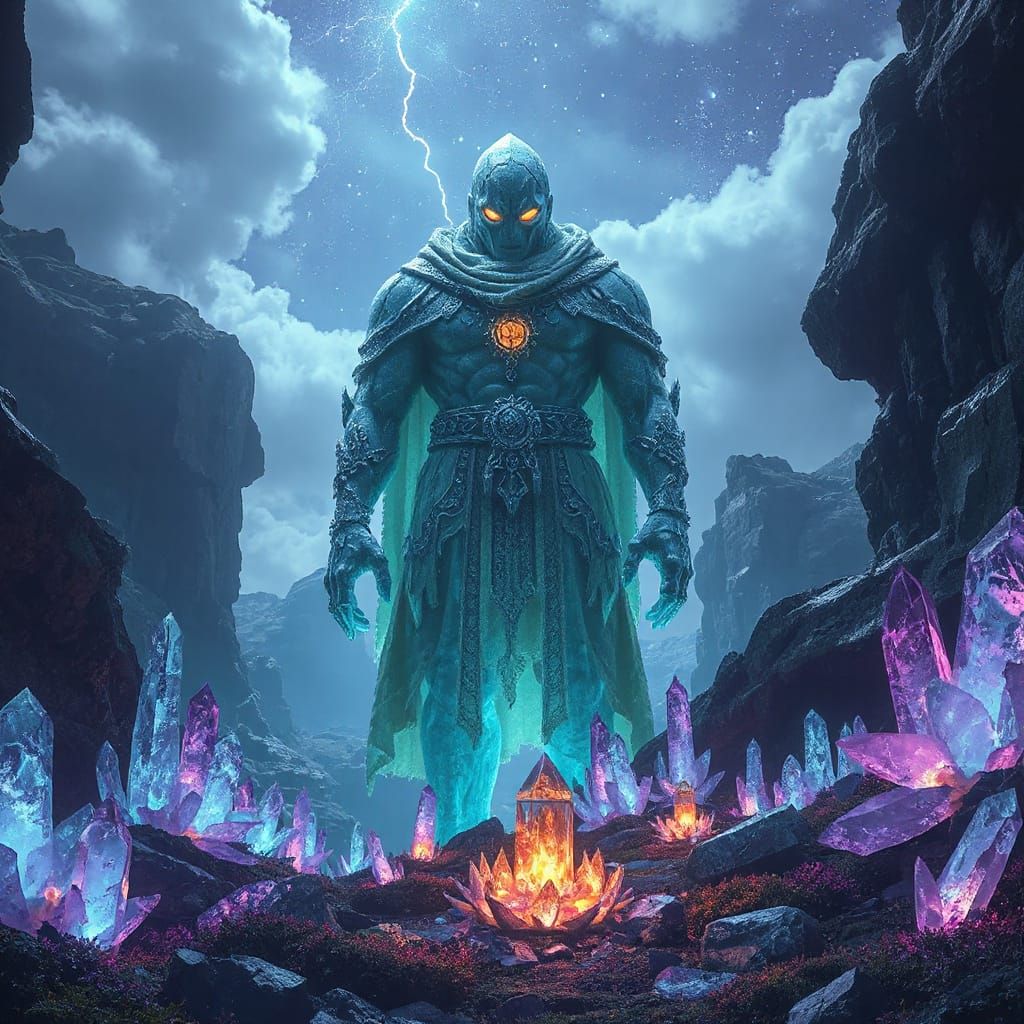 Crystal Golem in Bioluminescent Valley, Fantasy Art