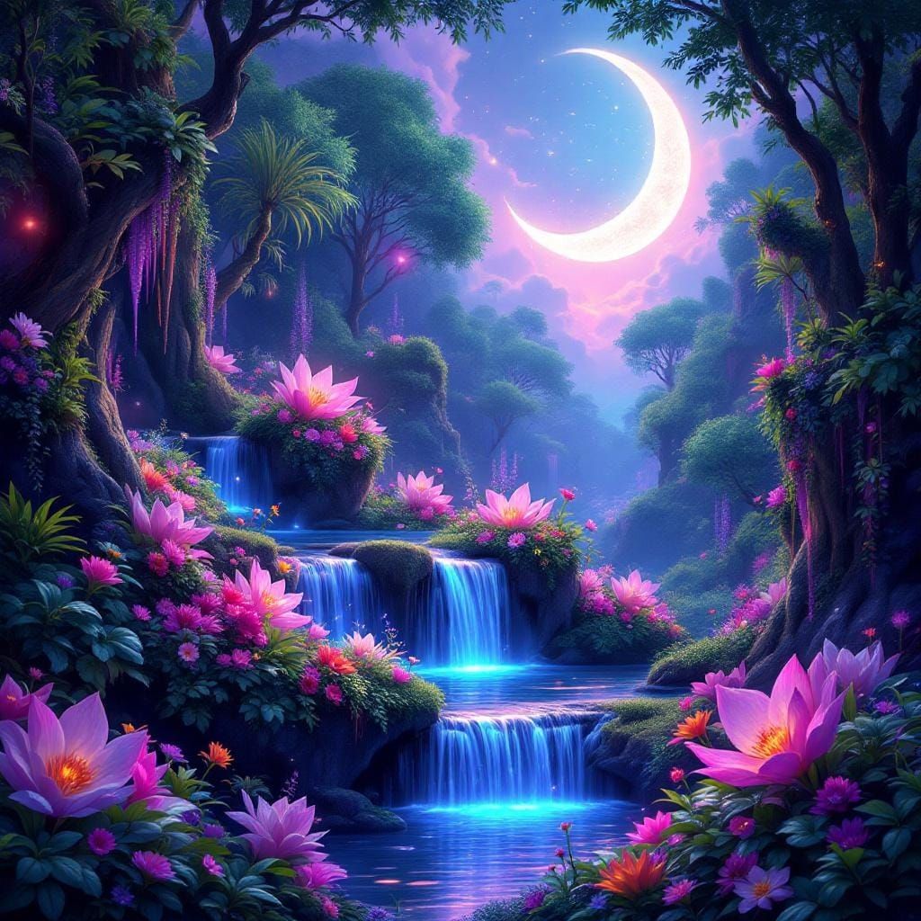Crescent Moon Waterfall in Fantasy Forest