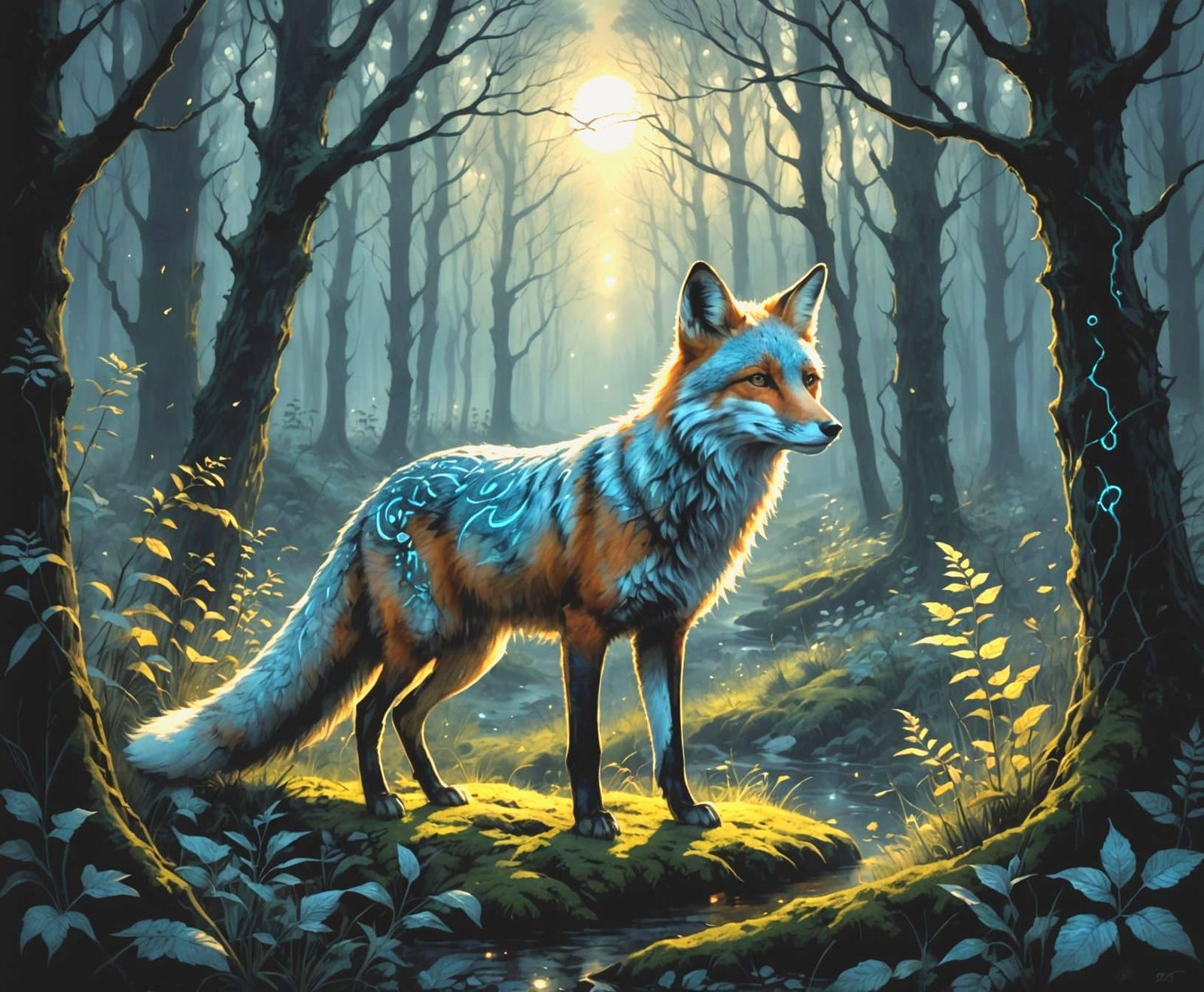 Mystical Forest Clearing with Spectral Fox at Twilight