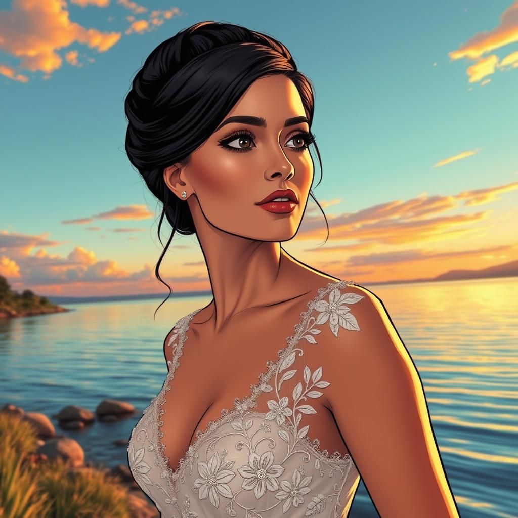 Bride Lakeside at Sunset in Comic Book Style