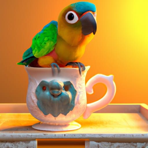 Cute Parrot in Teacup, Digital 3D Art