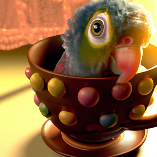 Cute Conure Parrot in Teacup: 3D Digital Art