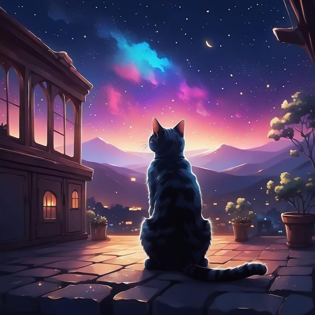 Lonely Cat Gazing at Starry Sky