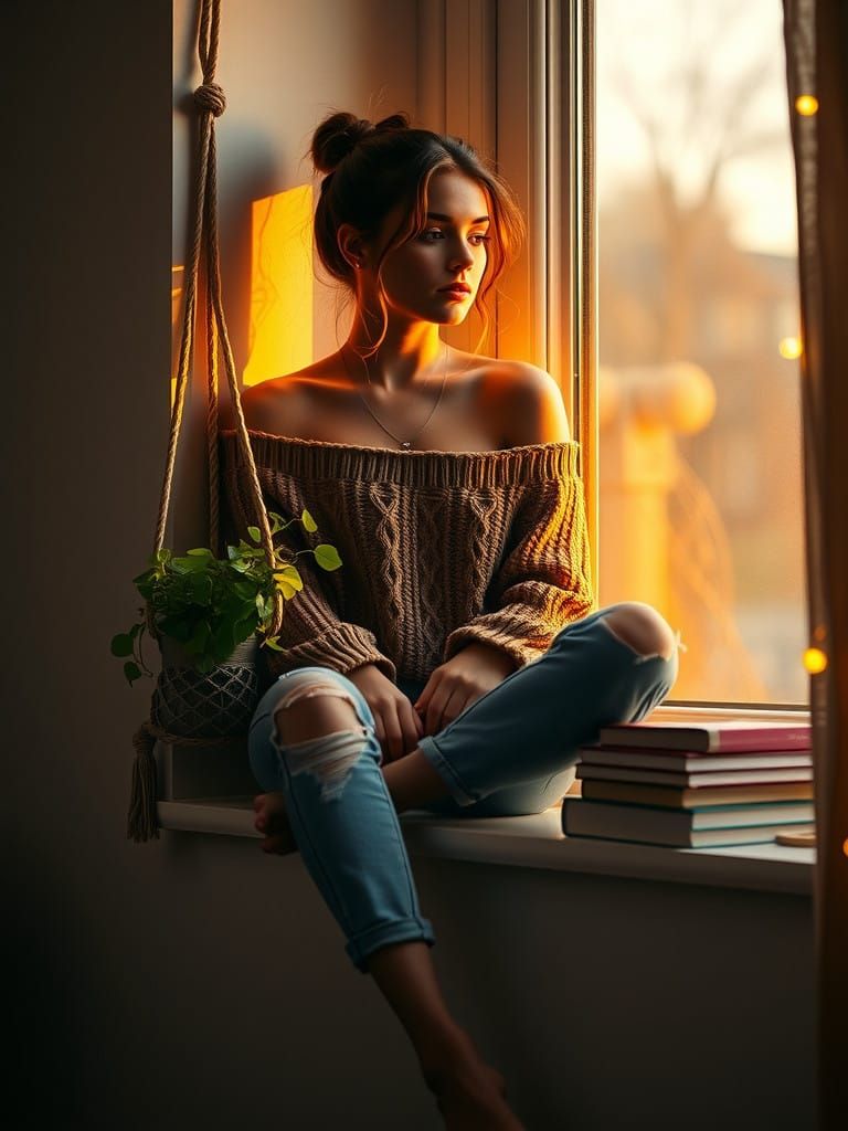 Ethereal Young Woman Lost in Sunset Thought