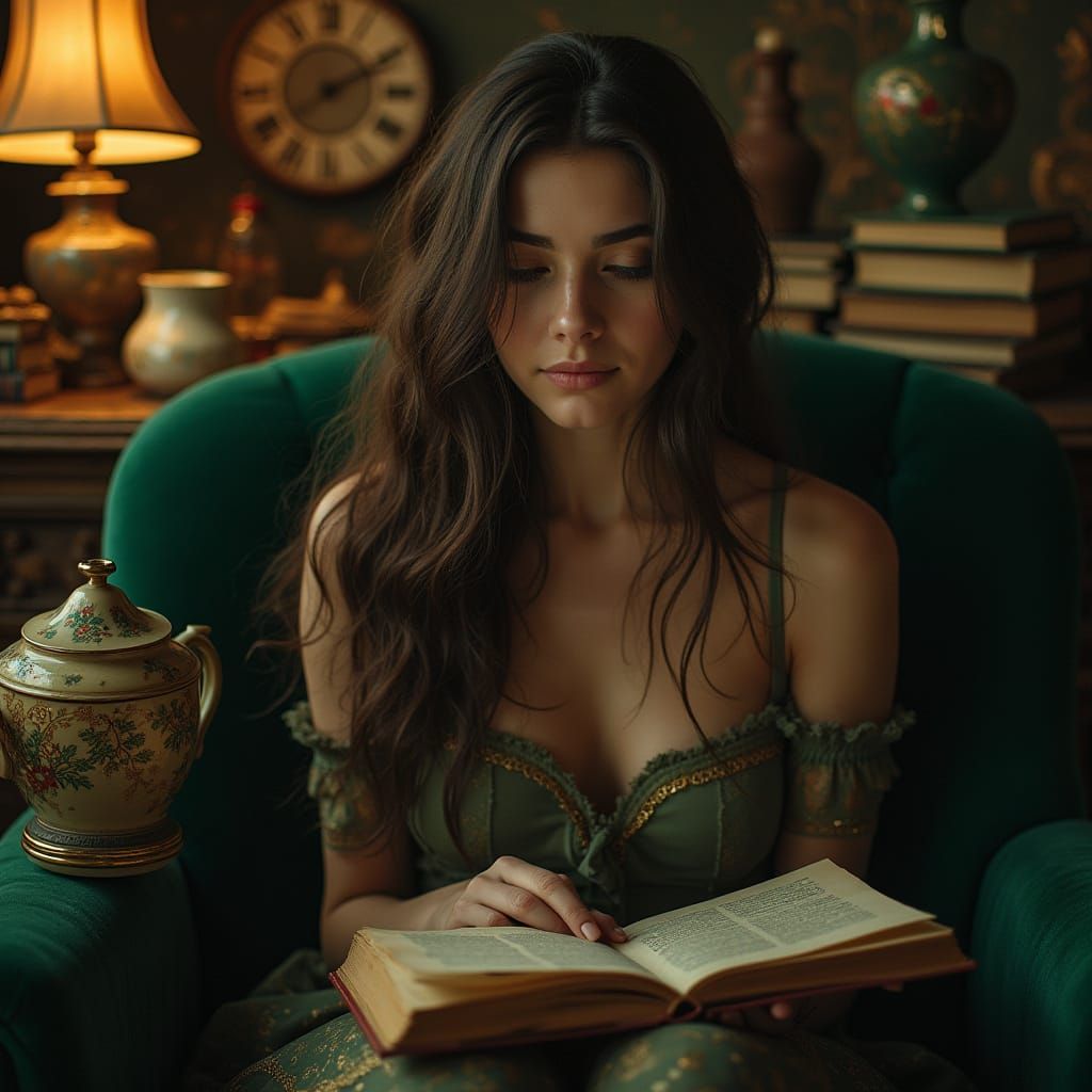 Woman Absorbed in Film on Velvet Couch