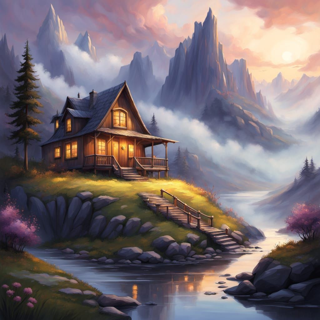 Cozy Mountain House Amidst Endless Clouds in Soft Light