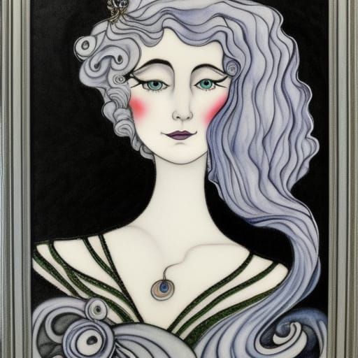 Ethereal Silver-Haired Lady in Art Nouveau Style