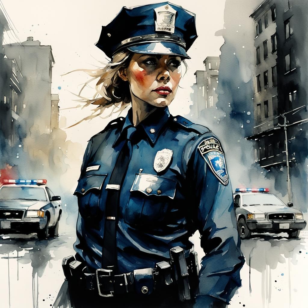 American Woman Police Officer in Watercolor and Ink