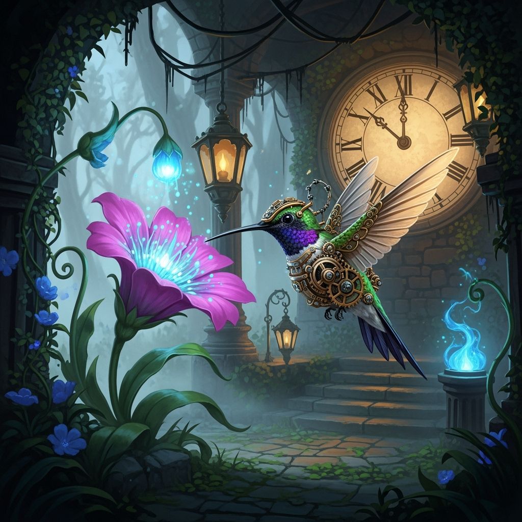 Steampunk Hummingbird in Bioluminescent Clock Tower
