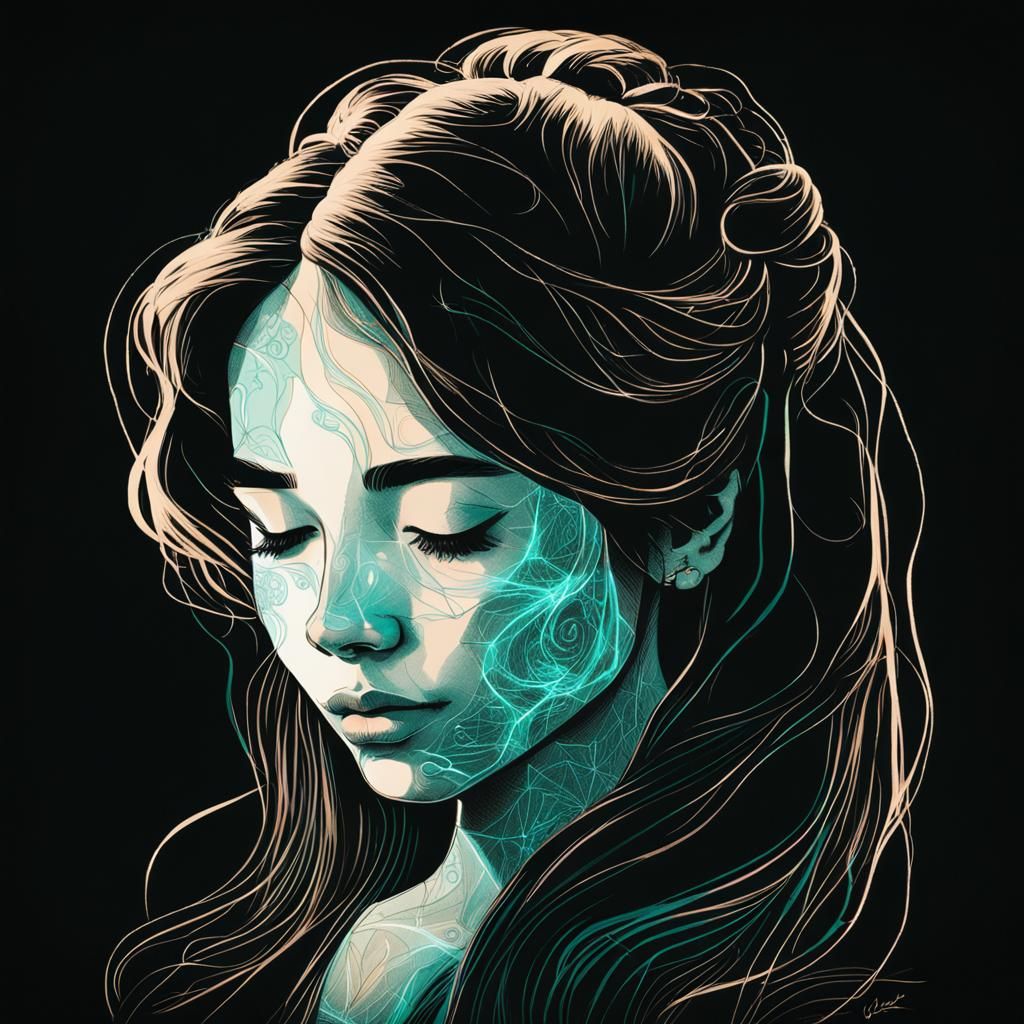 Girl with Candle: Ink Wash Portrait in Turquoise