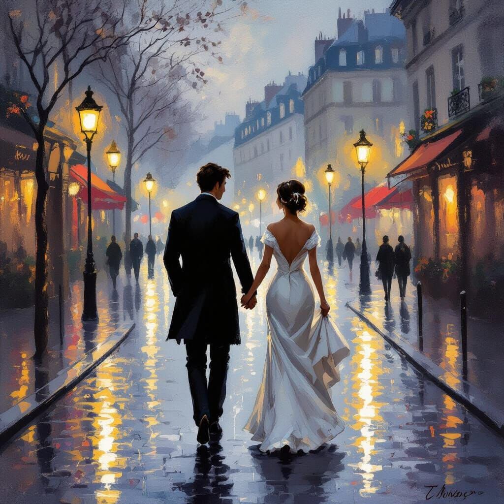 Parisian Couple Stroll in Impressionistic Style