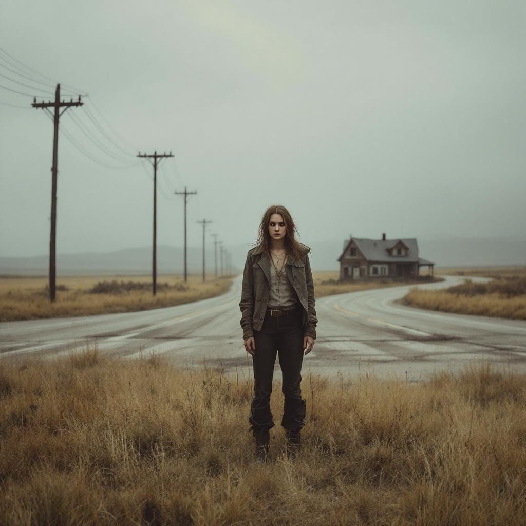 Desolate Plains: Woman in Hyperrealistic Traffic Circle