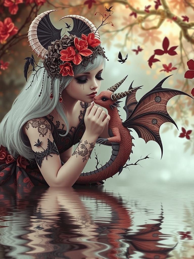 A ravishing female fairy, 3/4 profile, with long flowing light crimson platinum hair, pale crimson skin, sparkling brill...