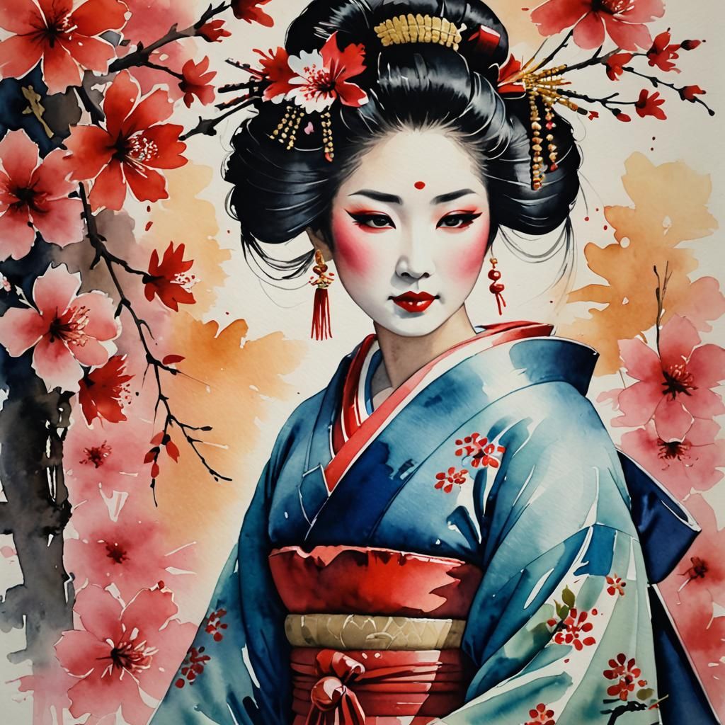 Geisha Aquarell Painting