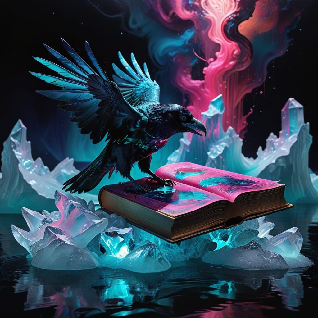 Surreal Oil Painting of Raven on Glowing Iceberg in Triadic ...