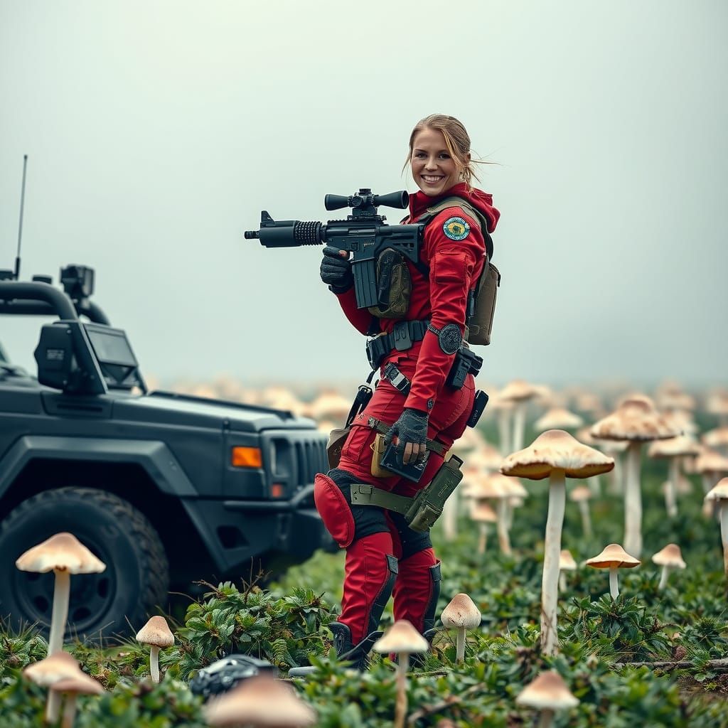 Cyberpunk Warrior in Red Tactical Gear Stands Amidst Giant M...