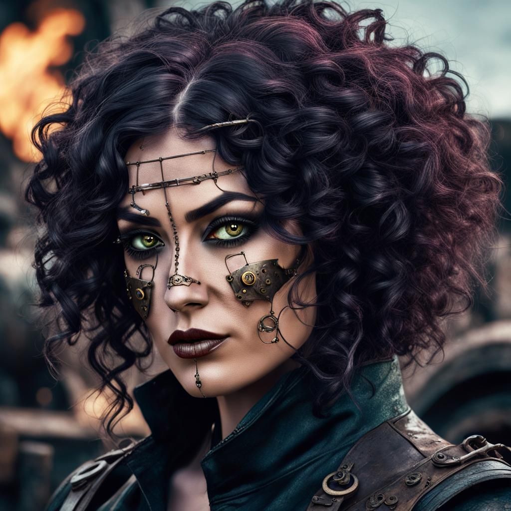 A fantastic dark fantasy dnd image depicting a strong intricate gothic steampunk mechanic woman