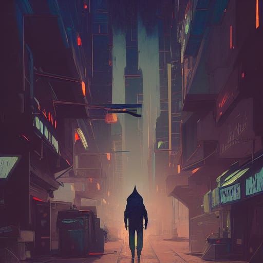 Hooded Man in a Futuristic Cityscape