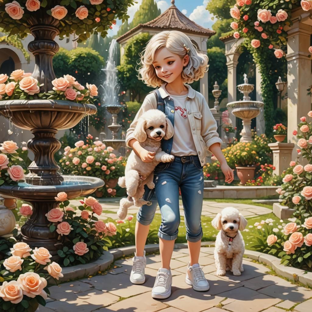Girl, Poodle, and Bird in Lush Garden: Chibi Oil Painting