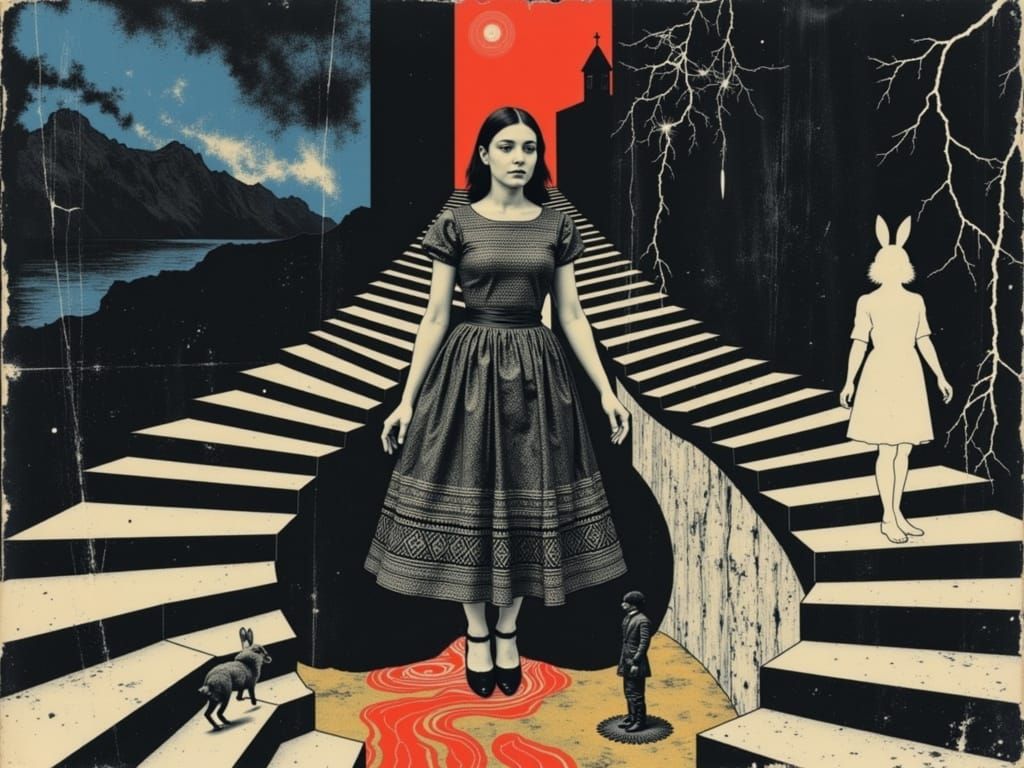 Alice, Neo, and the White Rabbit in M.C. Escher Style