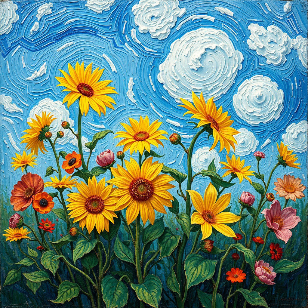 Van Gogh Inspired Floral Garden with Impasto Flowers