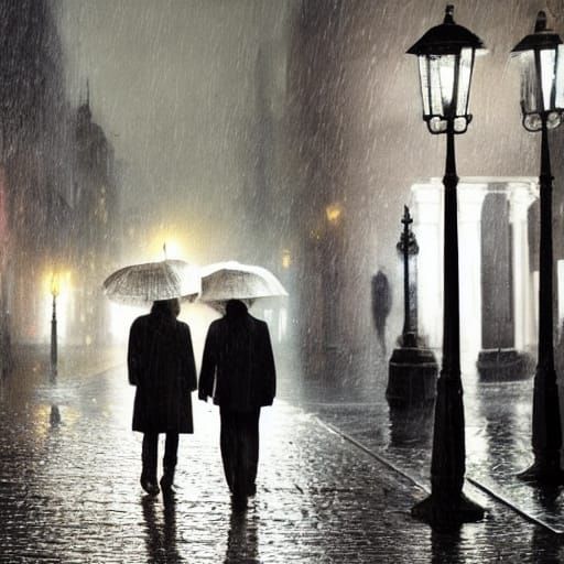 Romantic Couple Walks in City Rain, Painterly Style