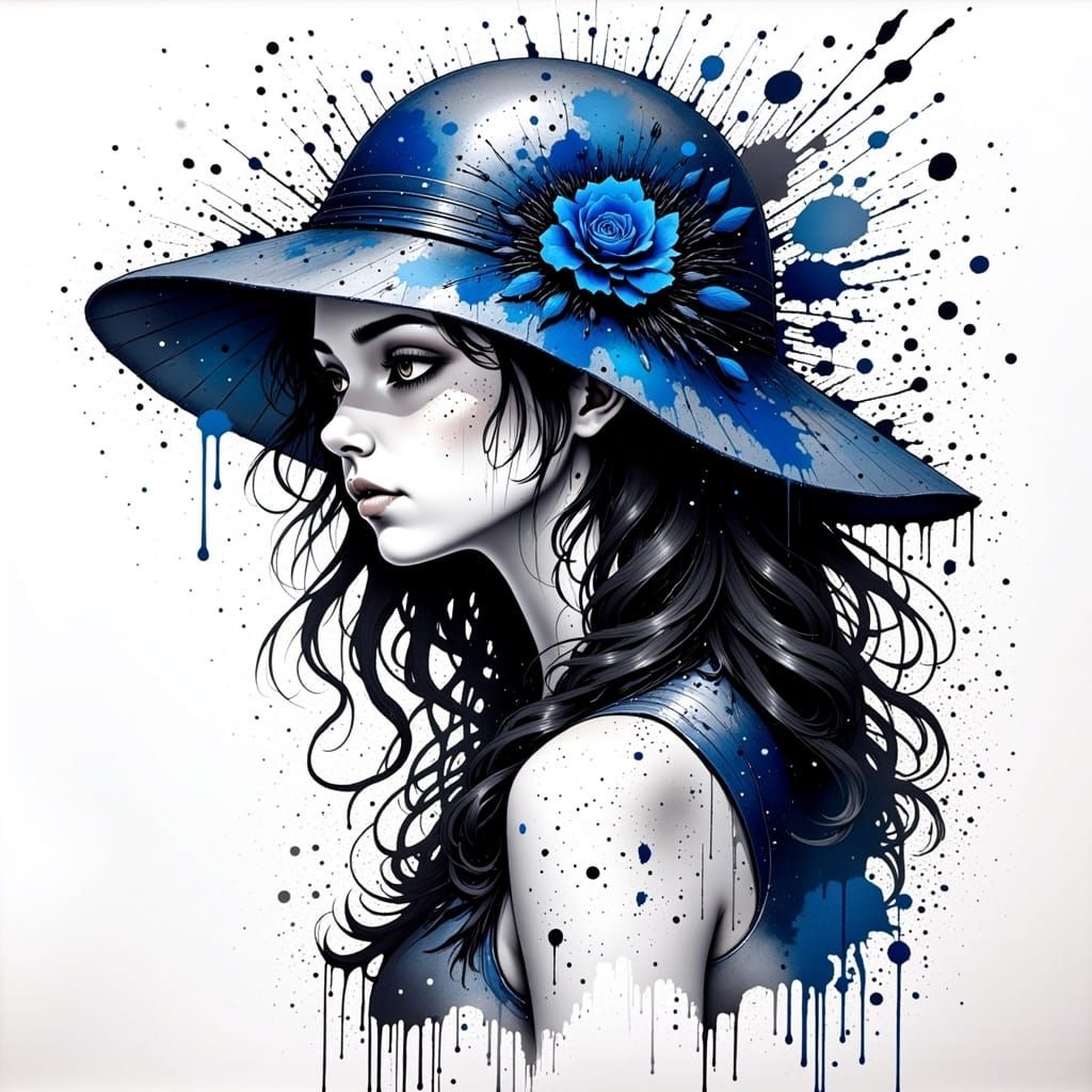 Ink Drawing of Woman in Blue Fascinator