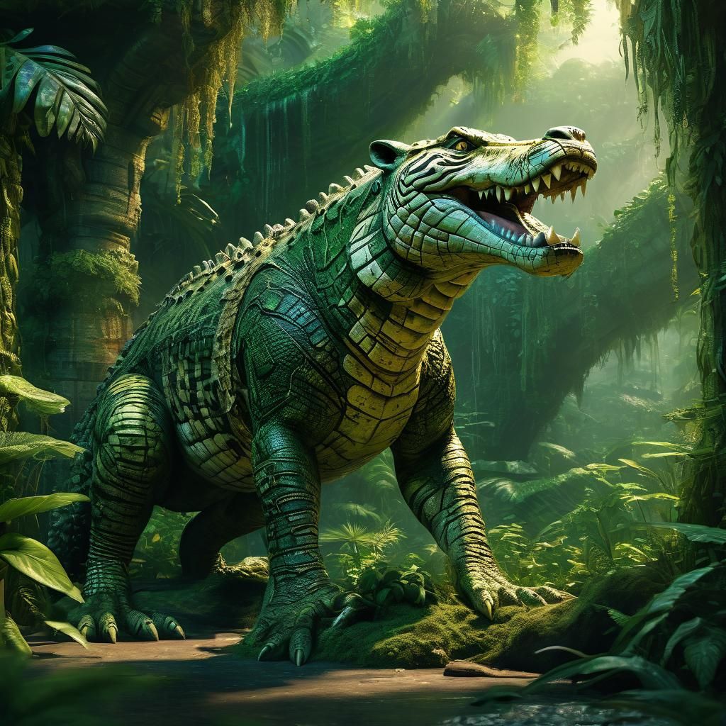 Crocodile and Tiger in Vibrant Jungle Fantasy Art
