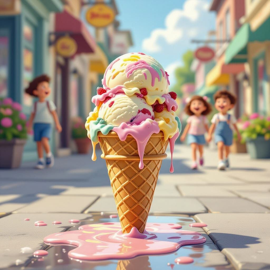 Melting Ice Cream Cartoon in Whimsical Style