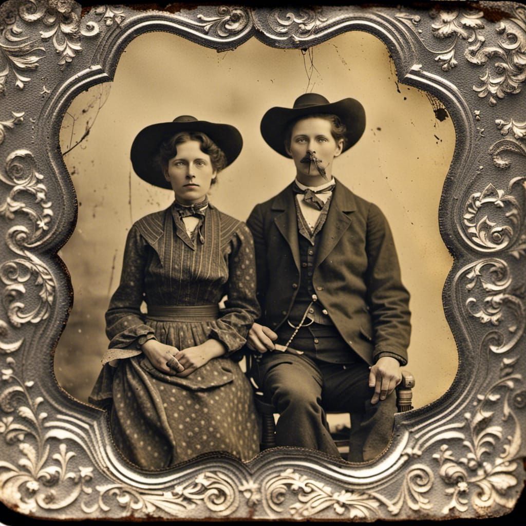 Cowboy and Cowgirl: Intricate Tin Type Photograph
