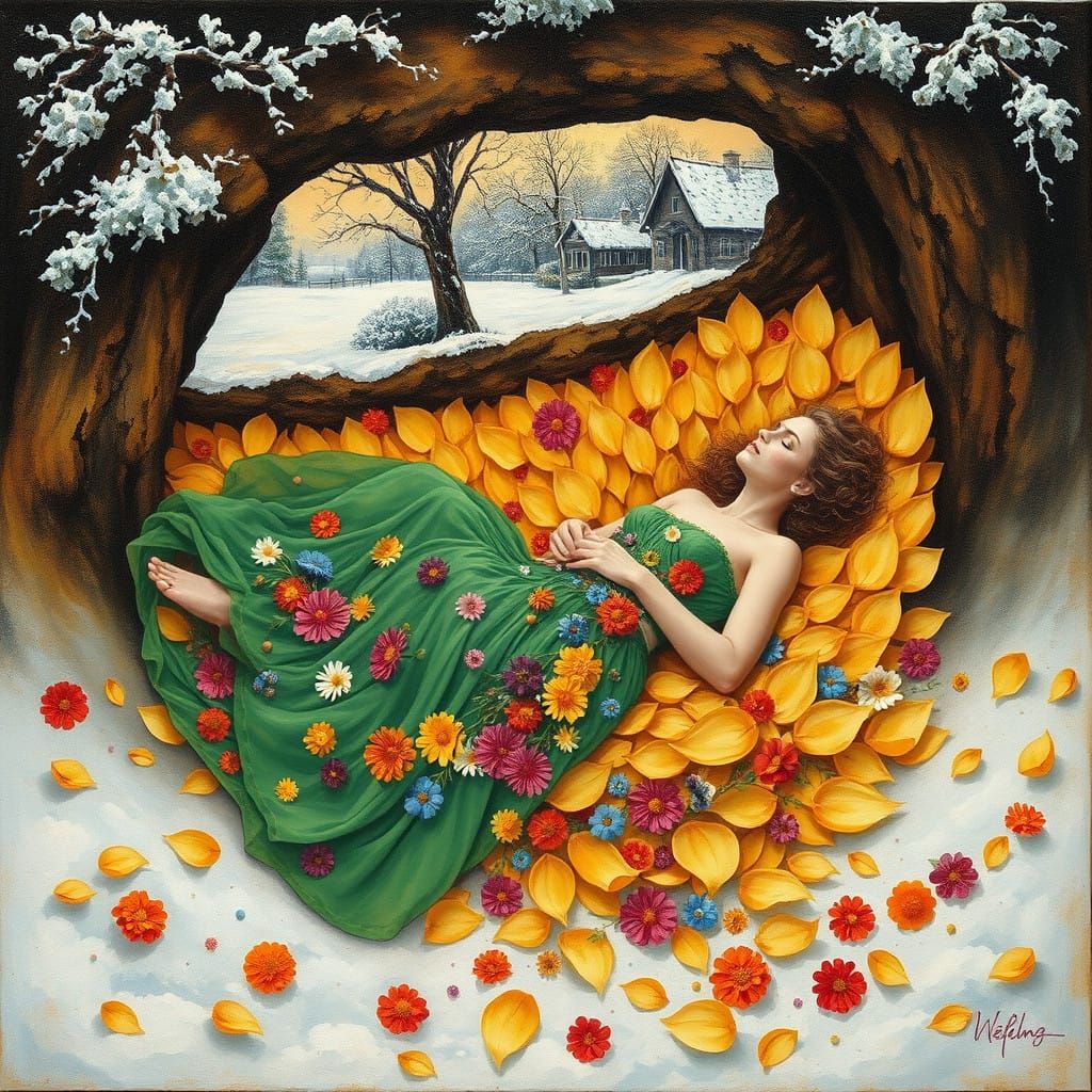 Serene Woman in Spring Cocoon, Winter Landscape Above