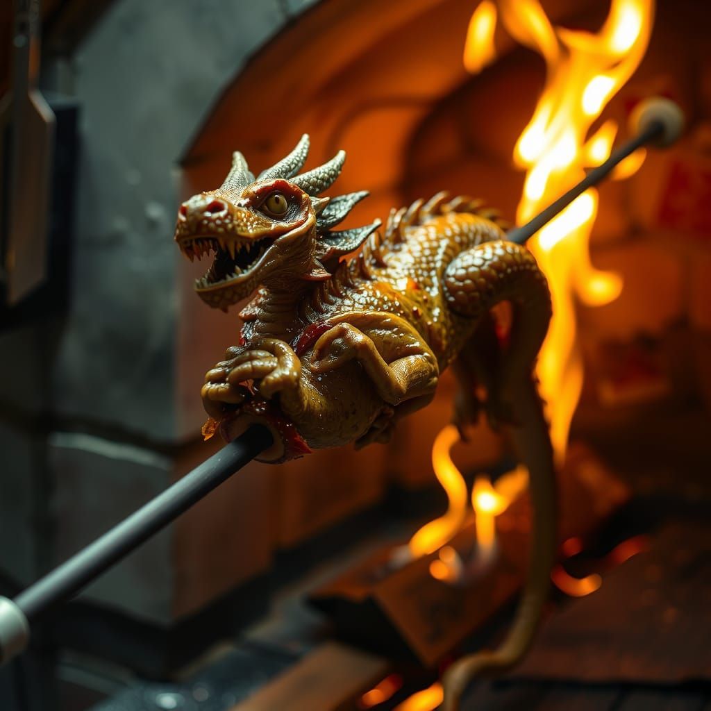 Roasted Dragon on a Spit in Hearth