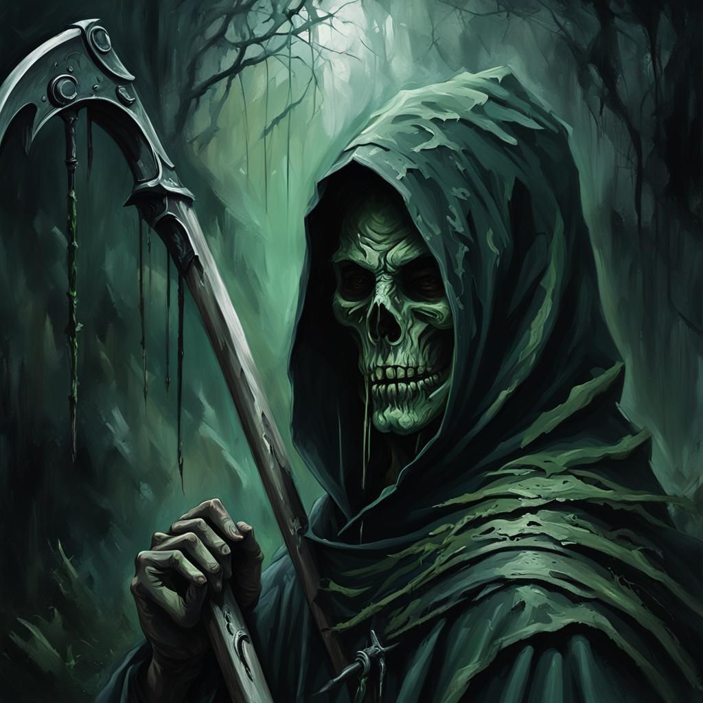 Hooded Figure with Scythe in Dark Fantasy Oil Painting